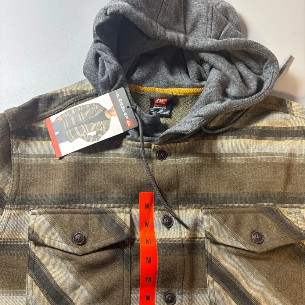 NWT Quiksilver Men's Striped Hooded Flannel Shirt Jacket Size Medium‎ Tan Brown